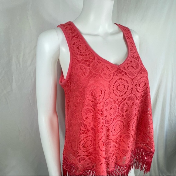 Self Esteem Salmon Color Lace V-Neck Sleeveless Fringe Edge Top - Picture 2 of 7